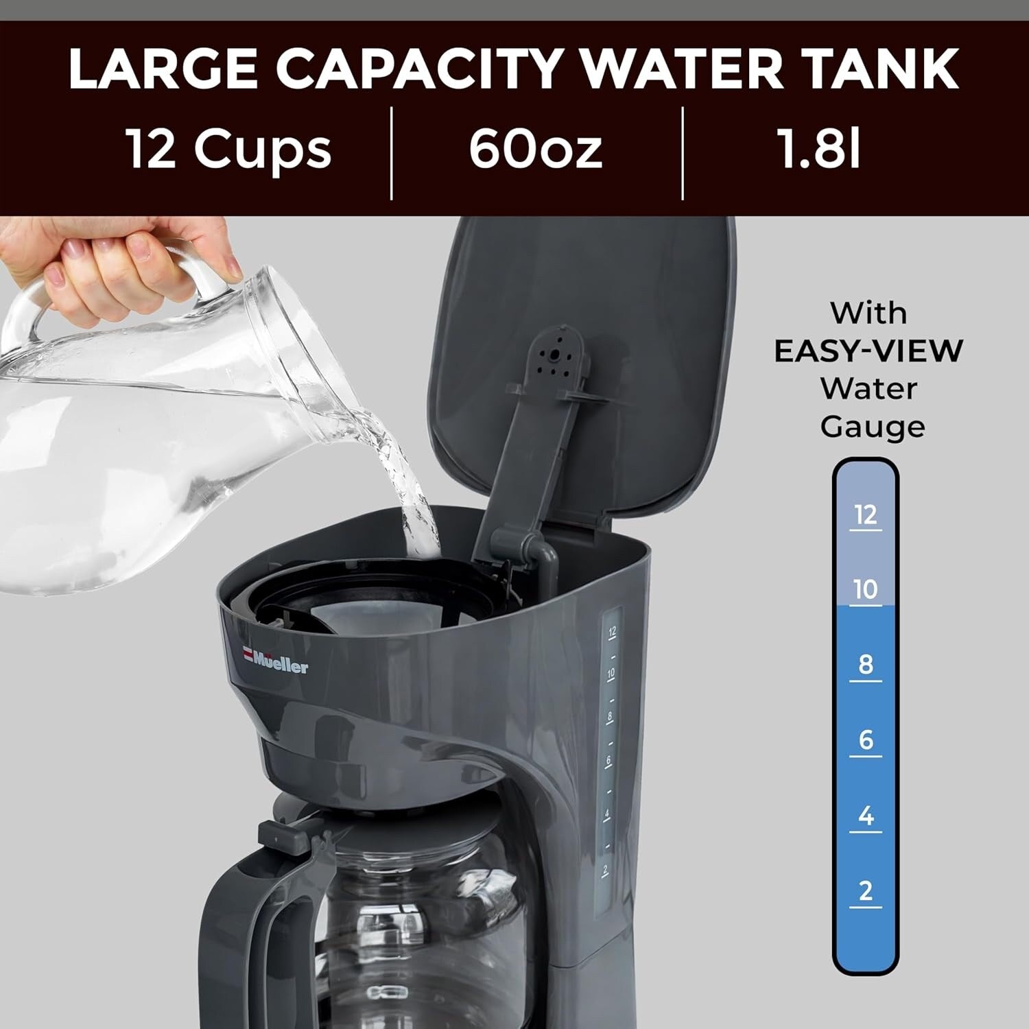 12-Cup Gray Drip Coffee Maker, Borosilicate Carafe, Auto-Off, Reusable Filter, Keep-Warm Function