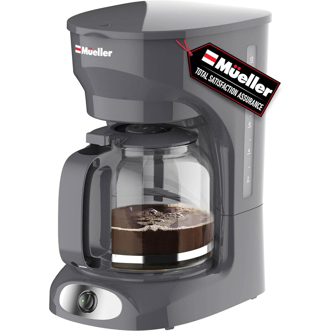 12-Cup Gray Drip Coffee Maker, Borosilicate Carafe, Auto-Off, Reusable Filter, Keep-Warm Function