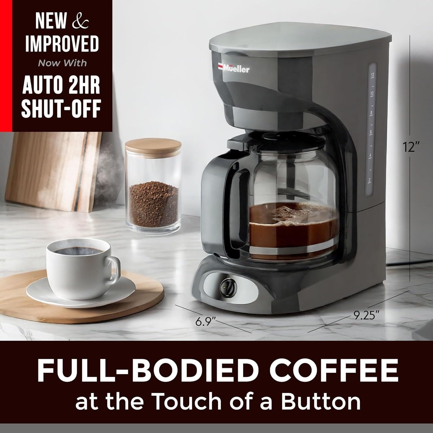 12-Cup Gray Drip Coffee Maker, Borosilicate Carafe, Auto-Off, Reusable Filter, Keep-Warm Function