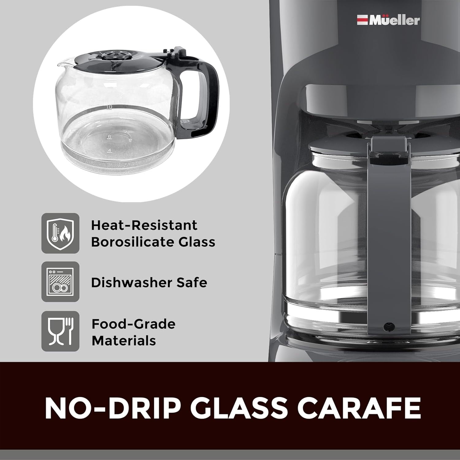 12-Cup Gray Drip Coffee Maker, Borosilicate Carafe, Auto-Off, Reusable Filter, Keep-Warm Function
