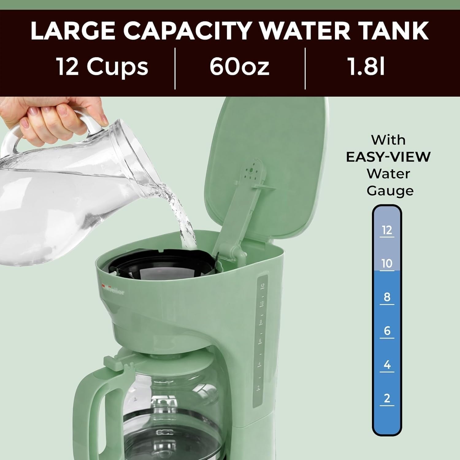 12-Cup Green Drip Coffee Maker, Borosilicate Carafe, Auto-Off, Reusable Filter, Anti-Drip Design