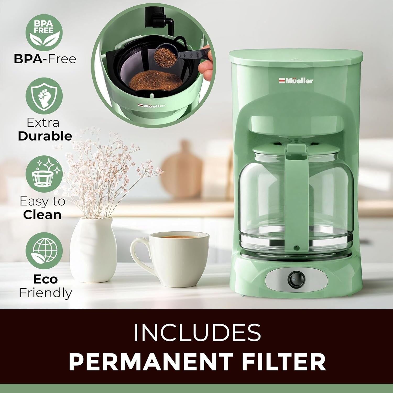 12-Cup Green Drip Coffee Maker, Borosilicate Carafe, Auto-Off, Reusable Filter, Anti-Drip Design