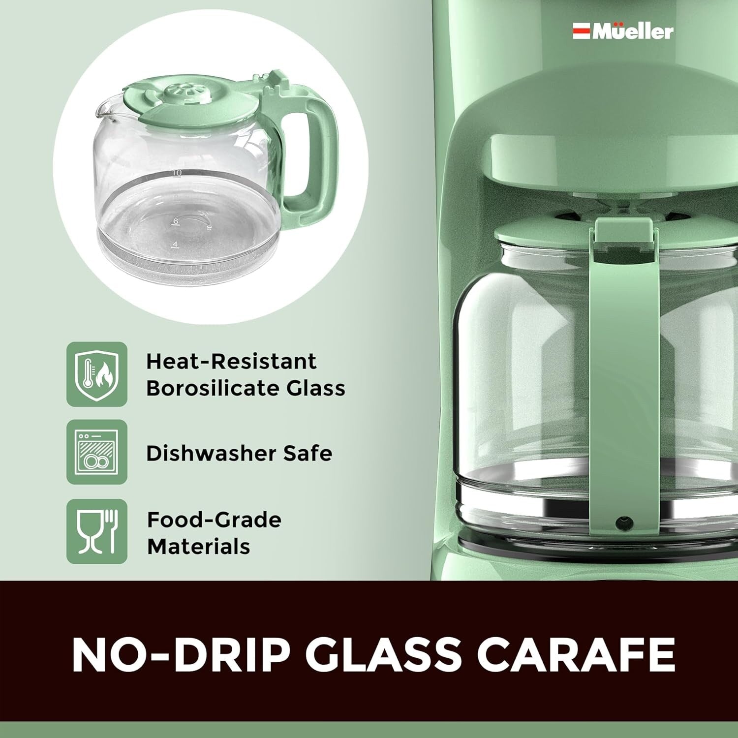12-Cup Green Drip Coffee Maker, Borosilicate Carafe, Auto-Off, Reusable Filter, Anti-Drip Design