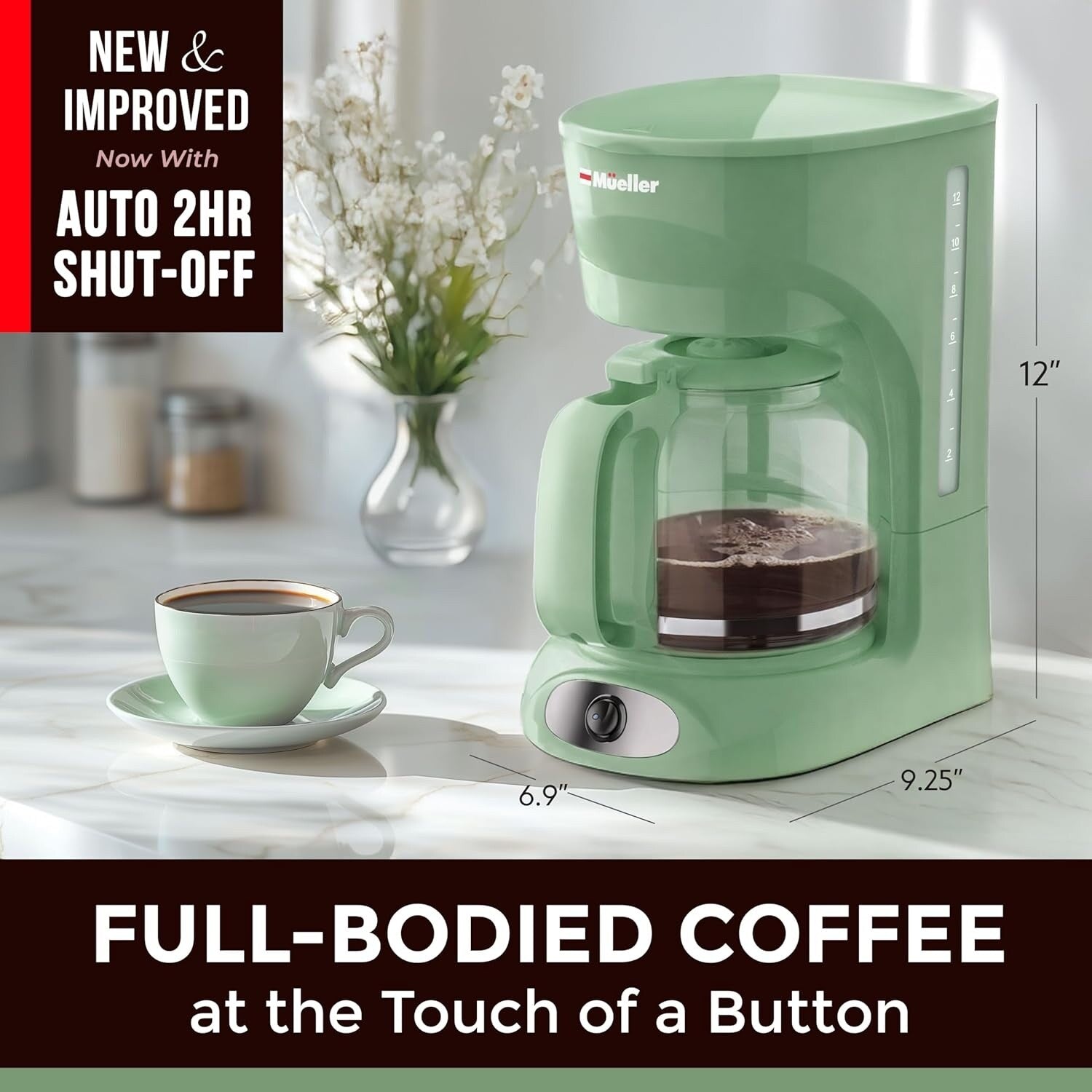12-Cup Green Drip Coffee Maker, Borosilicate Carafe, Auto-Off, Reusable Filter, Anti-Drip Design