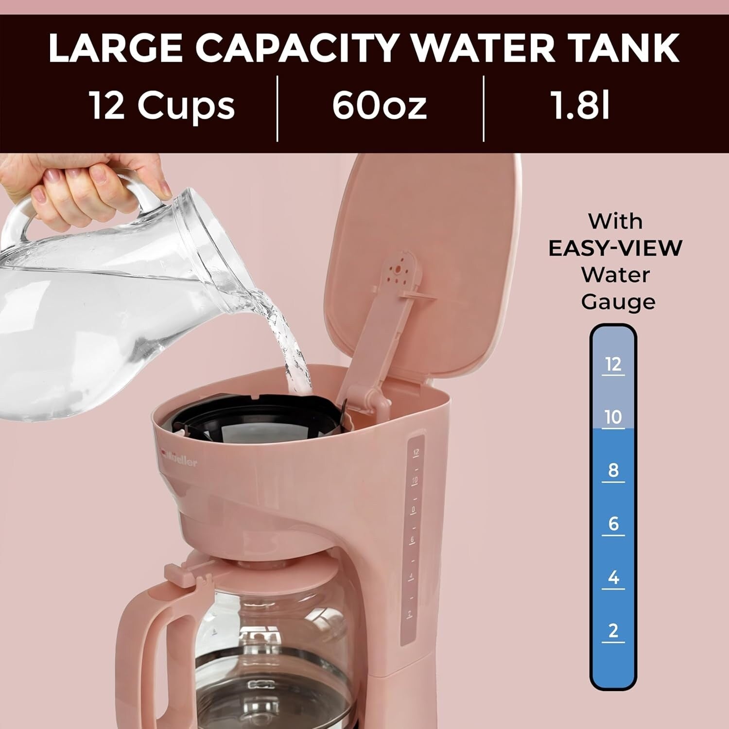 12-Cup Pink Coffee Maker, Borosilicate Carafe, Auto-Off, Reusable Filter, Keep-Warm Functionality