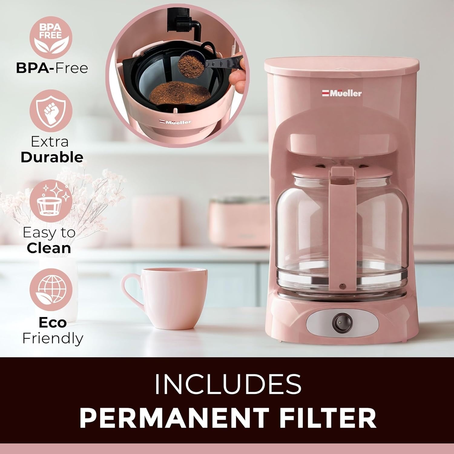 12-Cup Pink Coffee Maker, Borosilicate Carafe, Auto-Off, Reusable Filter, Keep-Warm Functionality