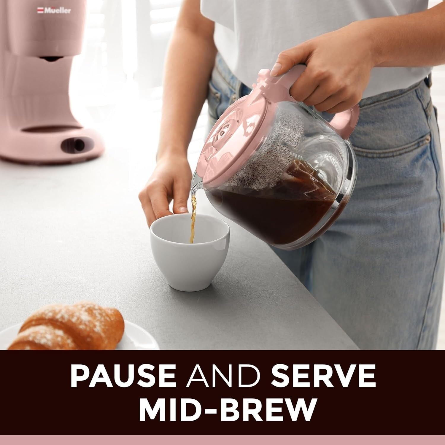 12-Cup Pink Coffee Maker, Borosilicate Carafe, Auto-Off, Reusable Filter, Keep-Warm Functionality
