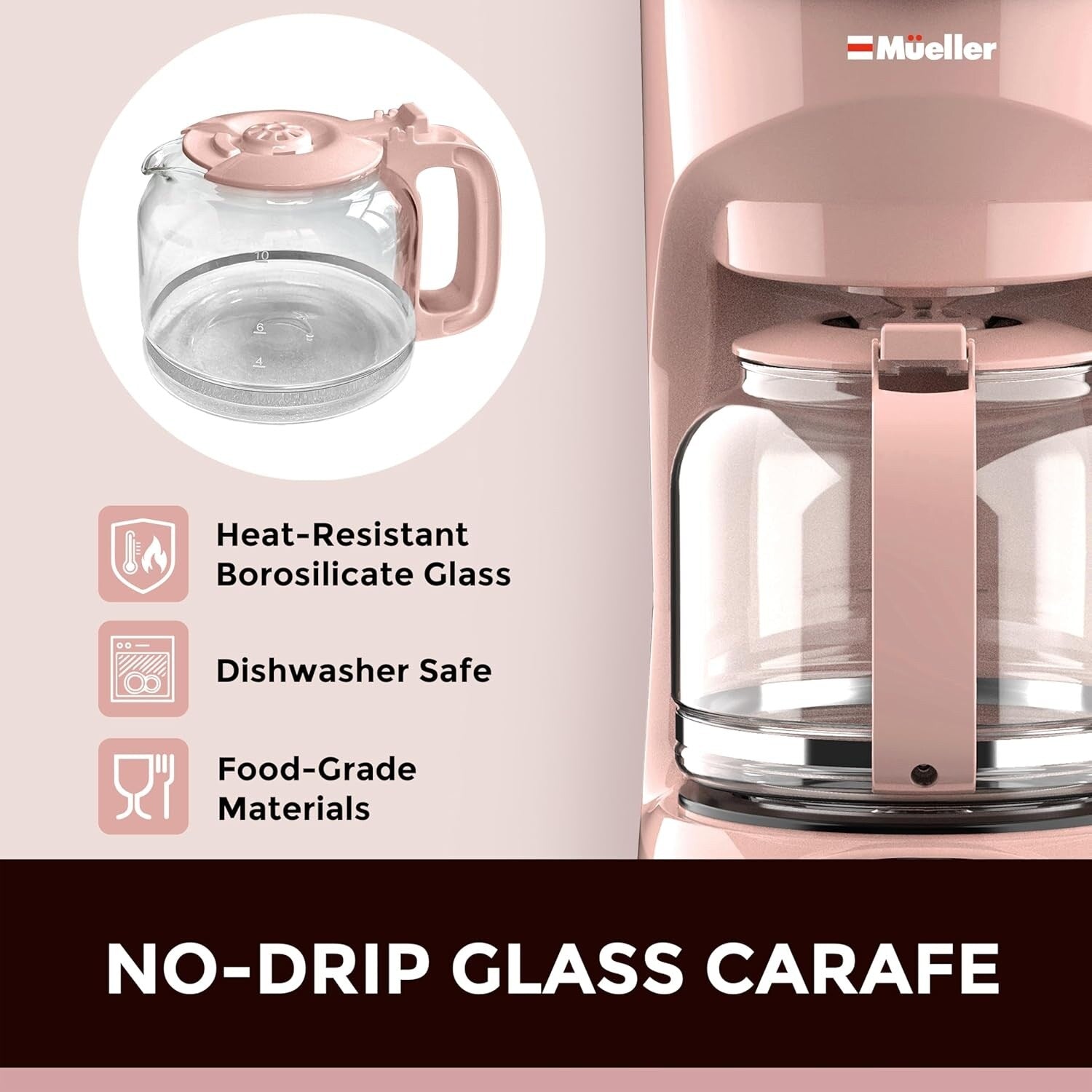 12-Cup Pink Coffee Maker, Borosilicate Carafe, Auto-Off, Reusable Filter, Keep-Warm Functionality