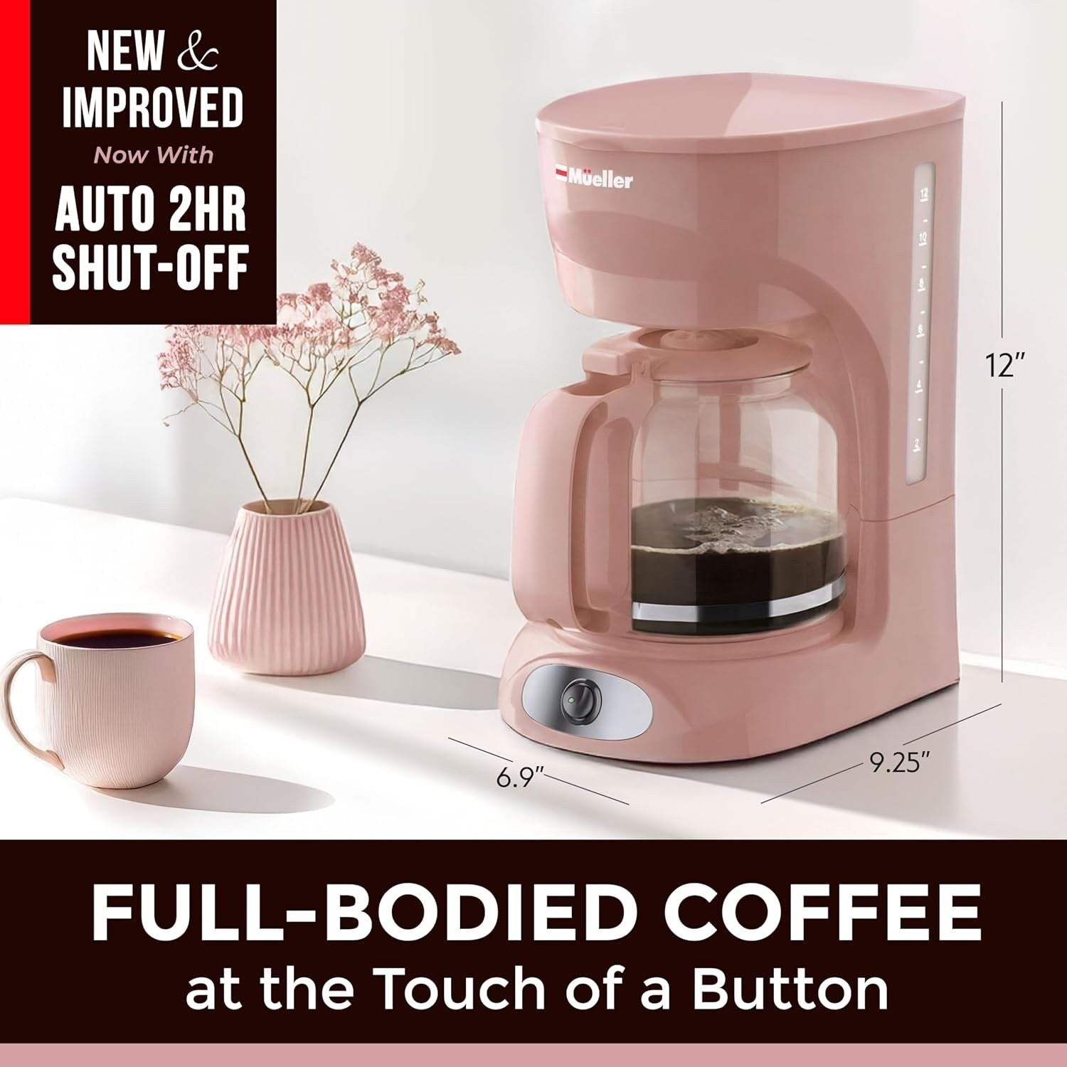 12-Cup Pink Coffee Maker, Borosilicate Carafe, Auto-Off, Reusable Filter, Keep-Warm Functionality