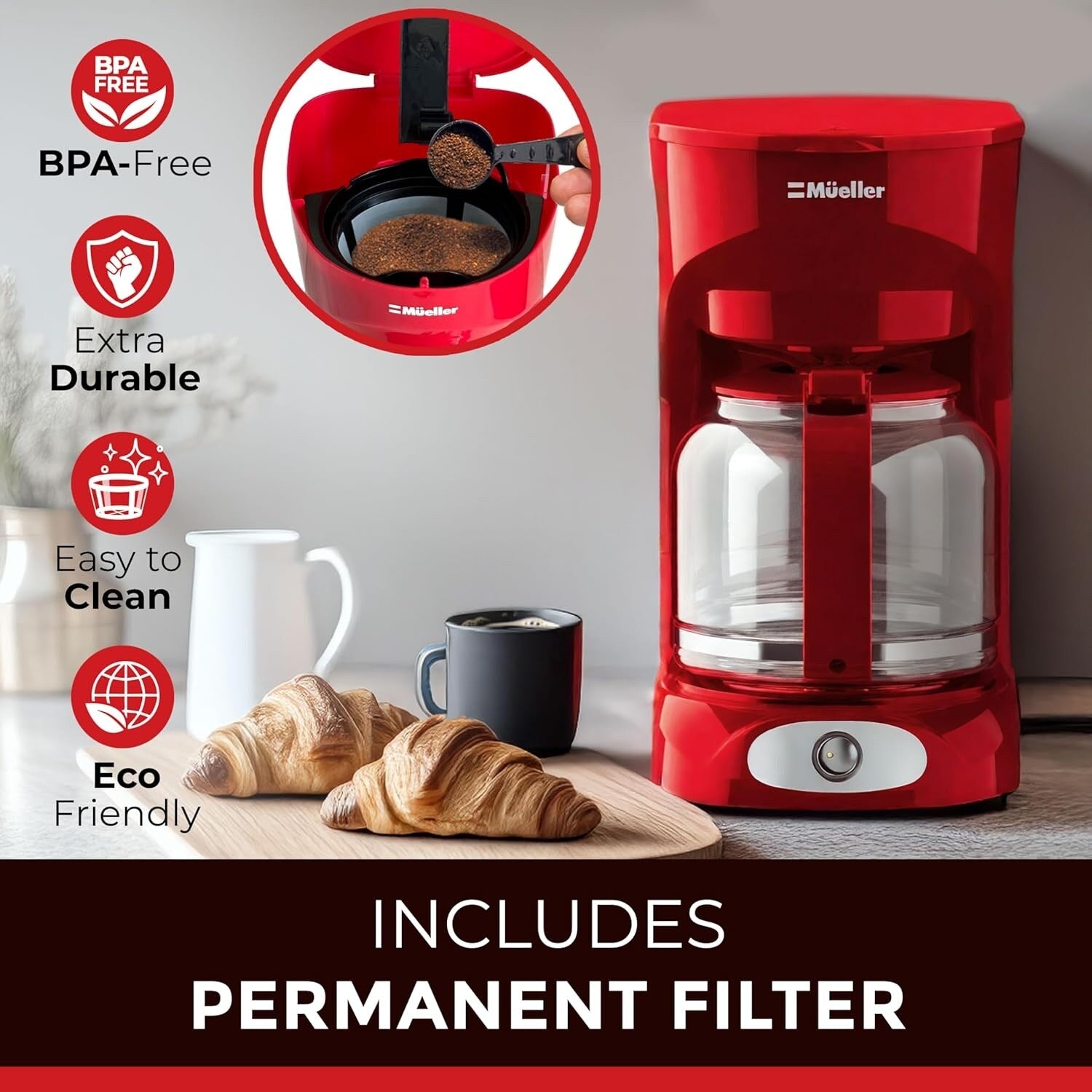 12-Cup Red Coffee Maker with Borosilicate Carafe, Auto-Off, Reusable Filter, Anti-Drip Technology