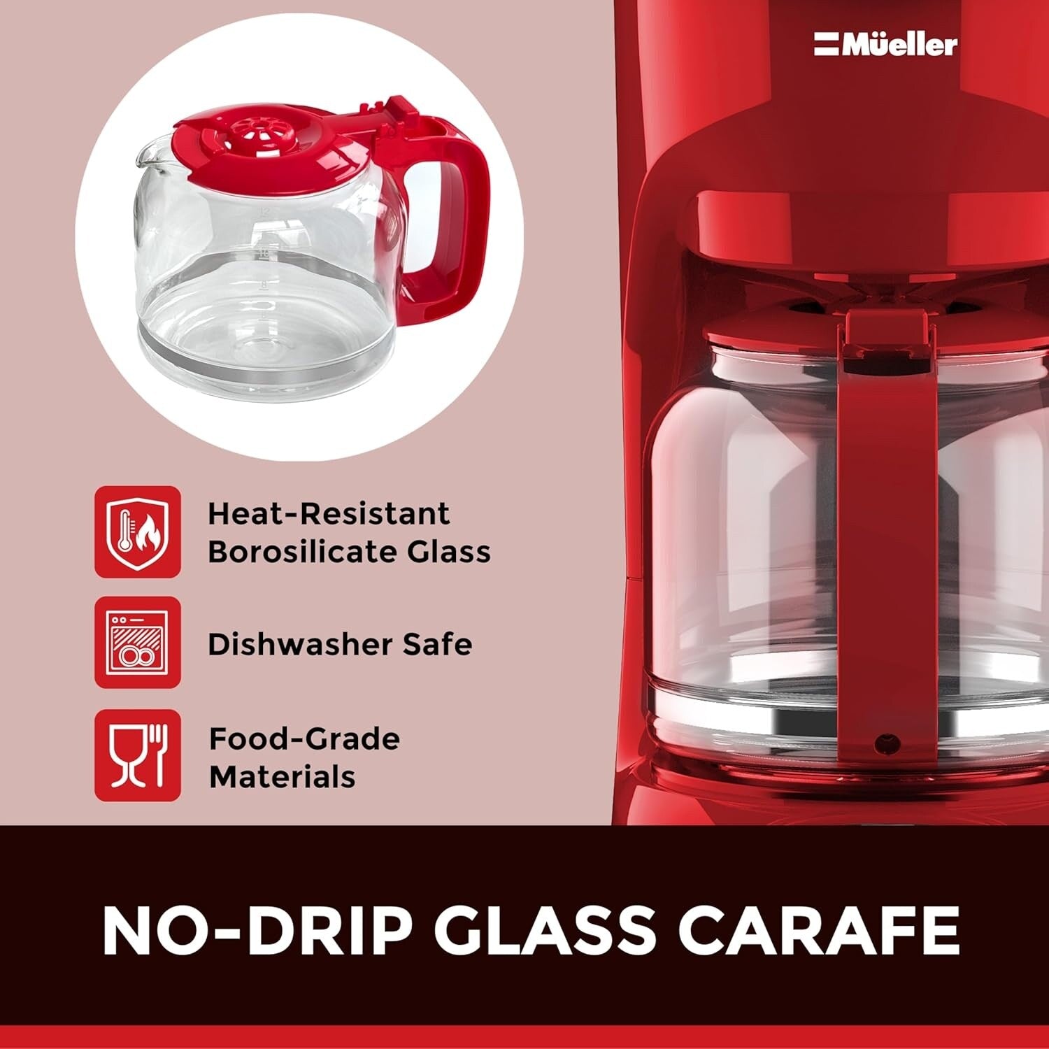 12-Cup Red Coffee Maker with Borosilicate Carafe, Auto-Off, Reusable Filter, Anti-Drip Technology