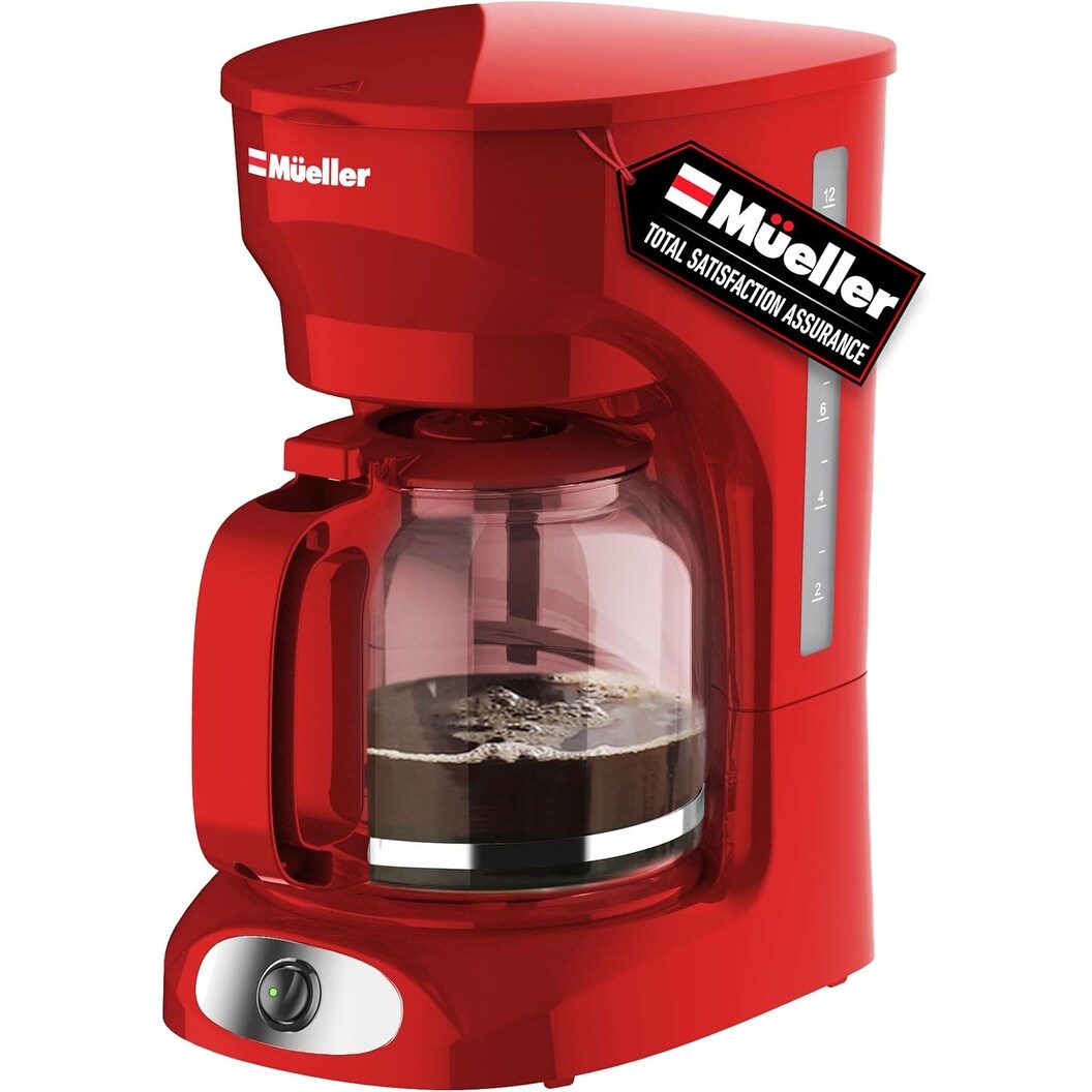 12-Cup Red Coffee Maker with Borosilicate Carafe, Auto-Off, Reusable Filter, Anti-Drip Technology