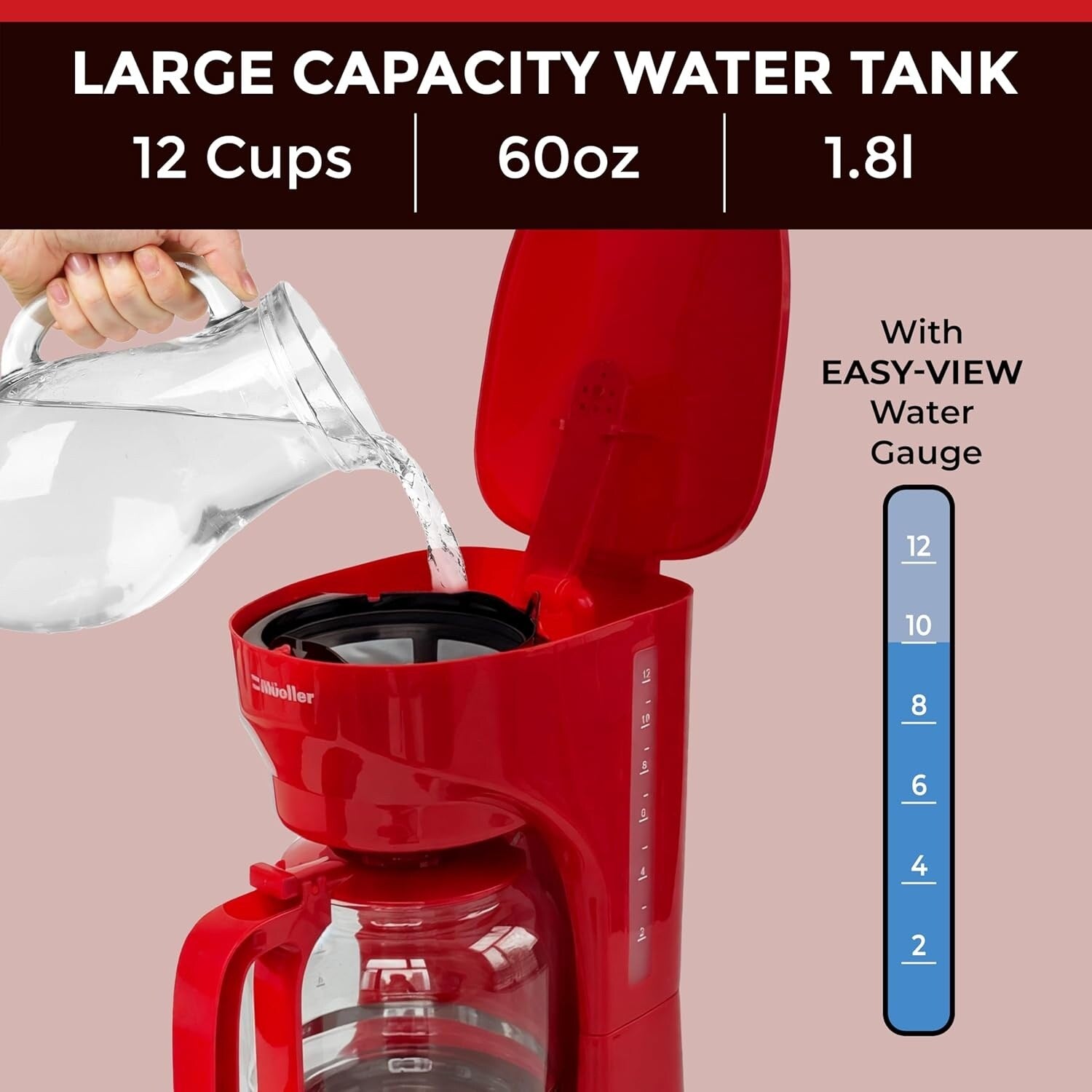 12-Cup Red Coffee Maker with Borosilicate Carafe, Auto-Off, Reusable Filter, Anti-Drip Technology