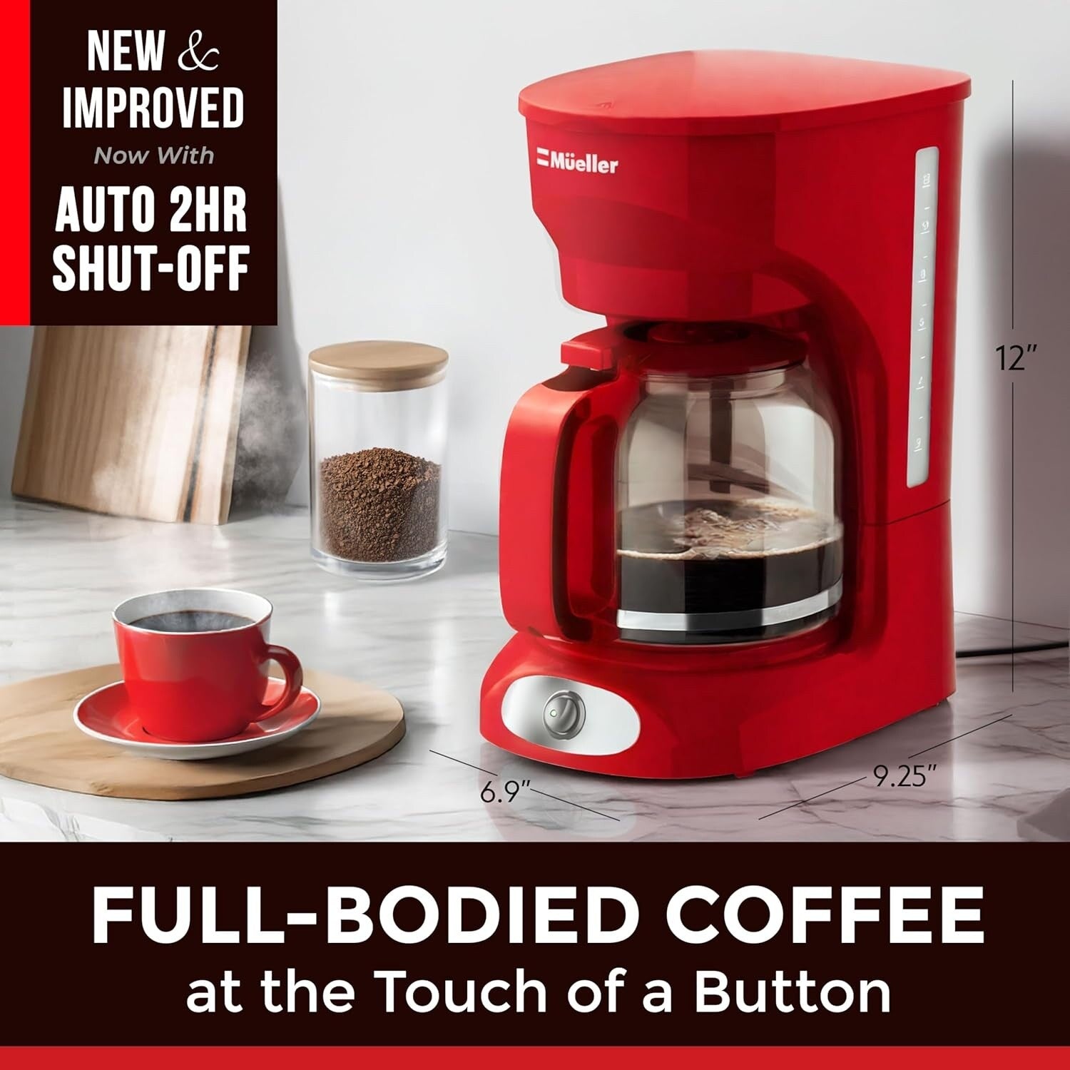 12-Cup Red Coffee Maker with Borosilicate Carafe, Auto-Off, Reusable Filter, Anti-Drip Technology