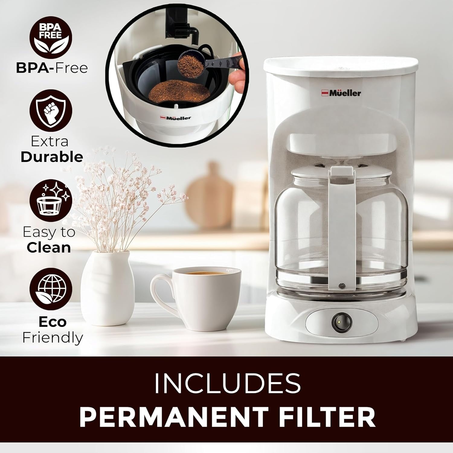 12-Cup White Coffee Maker with Borosilicate Carafe, Auto-Off, Reusable Filter, Clear Water Window