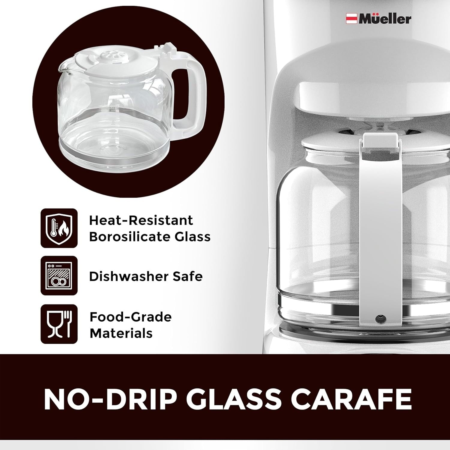 12-Cup White Coffee Maker with Borosilicate Carafe, Auto-Off, Reusable Filter, Clear Water Window