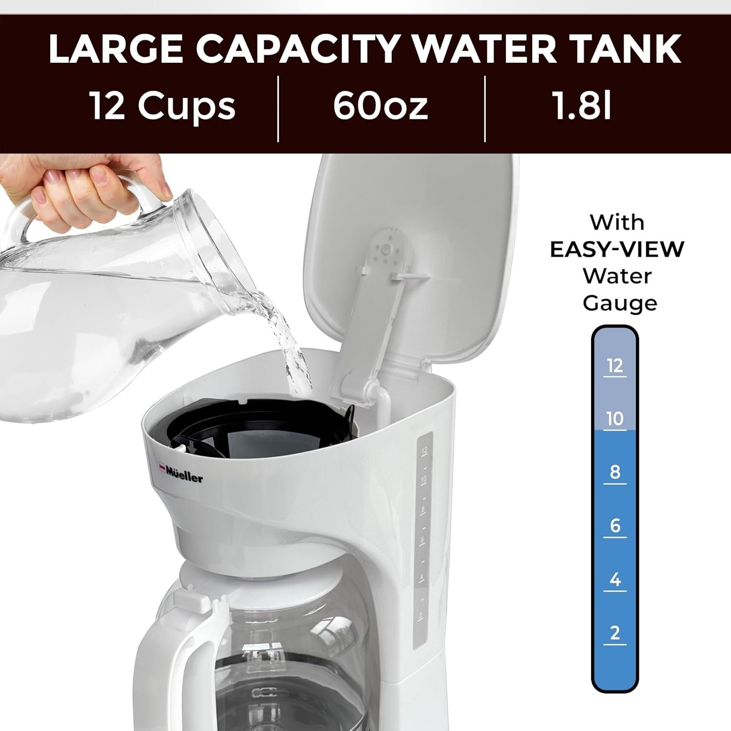 12-Cup White Coffee Maker with Borosilicate Carafe, Auto-Off, Reusable Filter, Clear Water Window