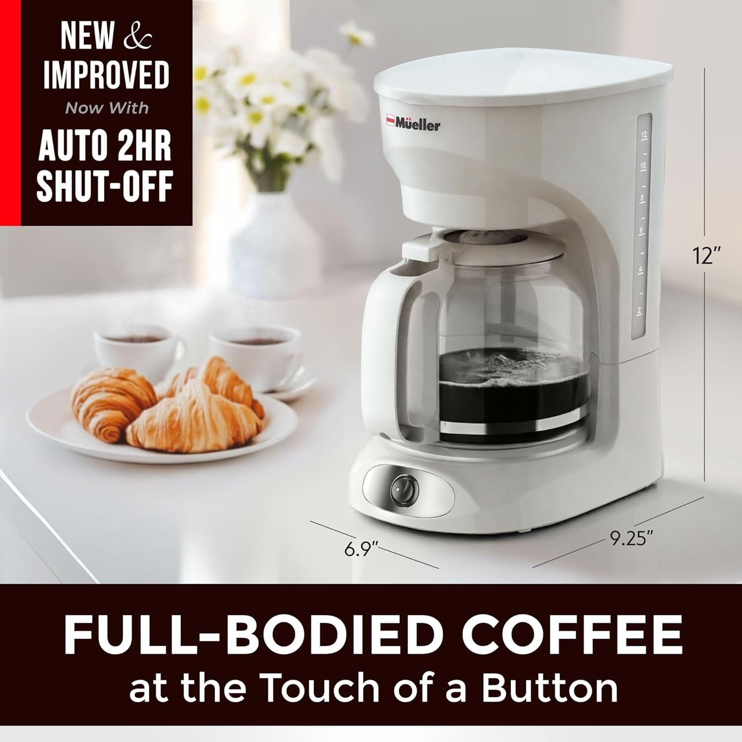 12-Cup White Coffee Maker with Borosilicate Carafe, Auto-Off, Reusable Filter, Clear Water Window