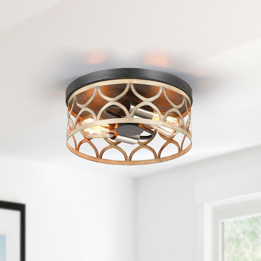12 in. 2-Light Bronze and Wood Tone Flush Mount Ceiling Light - 12W
