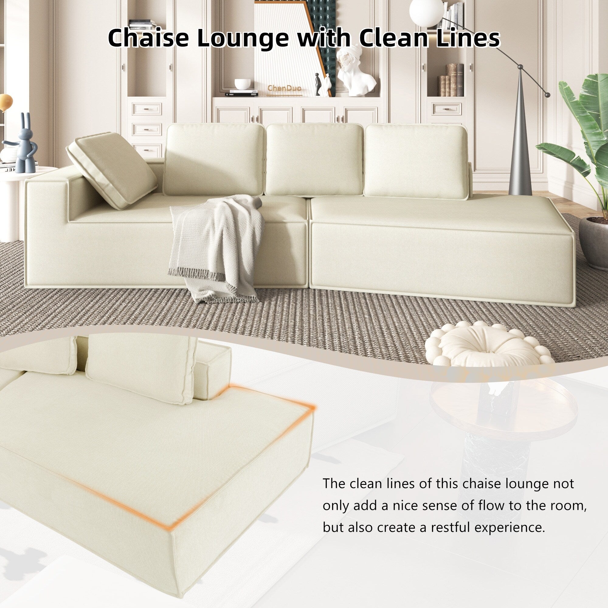 125 Stylish Chaise Lounge Modern Indoor Lounge Sofa Sleeper Sofa with Clean Lines for Living Room, Beige