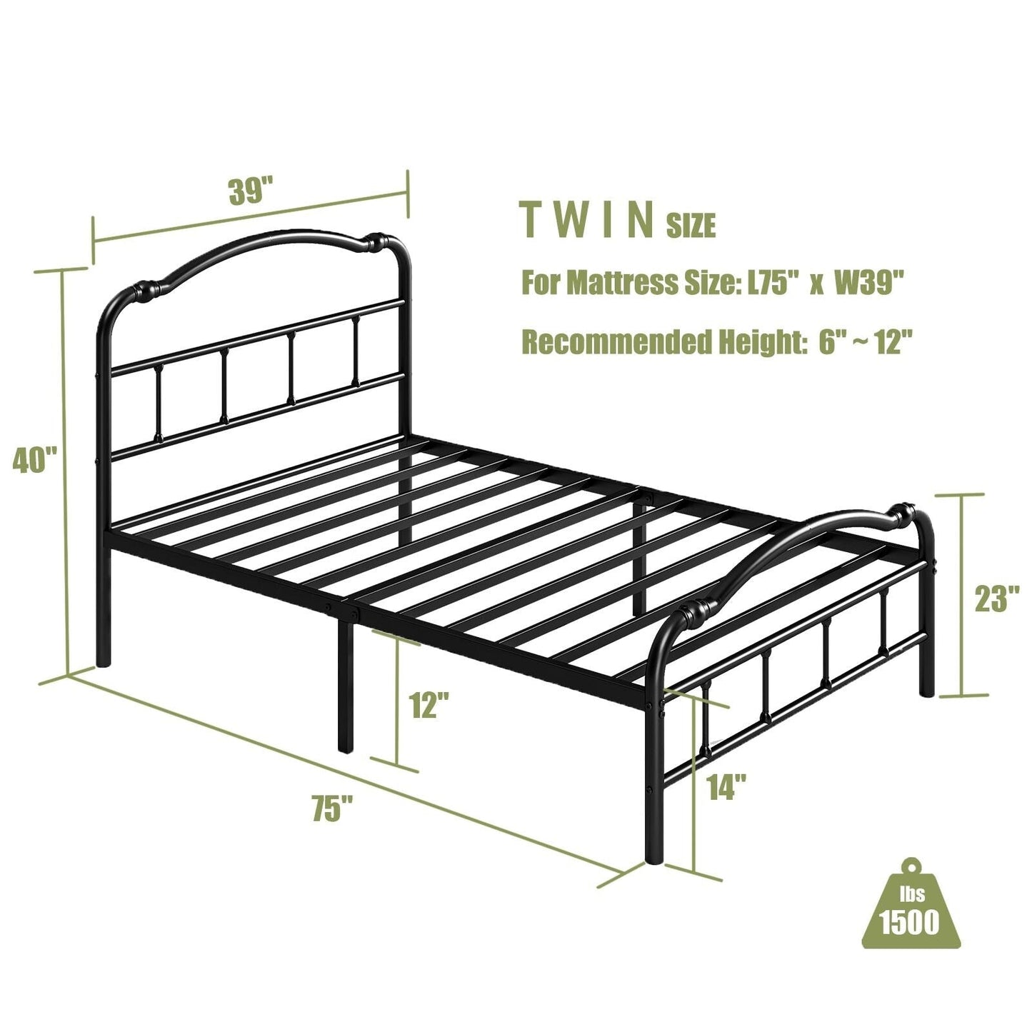 14 In High Heavy Duty Metal Bed Frame with Vintage Style, Supports Up To 2500lbs, Easy Assembly and No Squeak