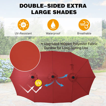 15-foot Rectangular Crank Double-sided Outdoor Market Umbrella Solar LED Lighted Patio Umbrella with Base Included