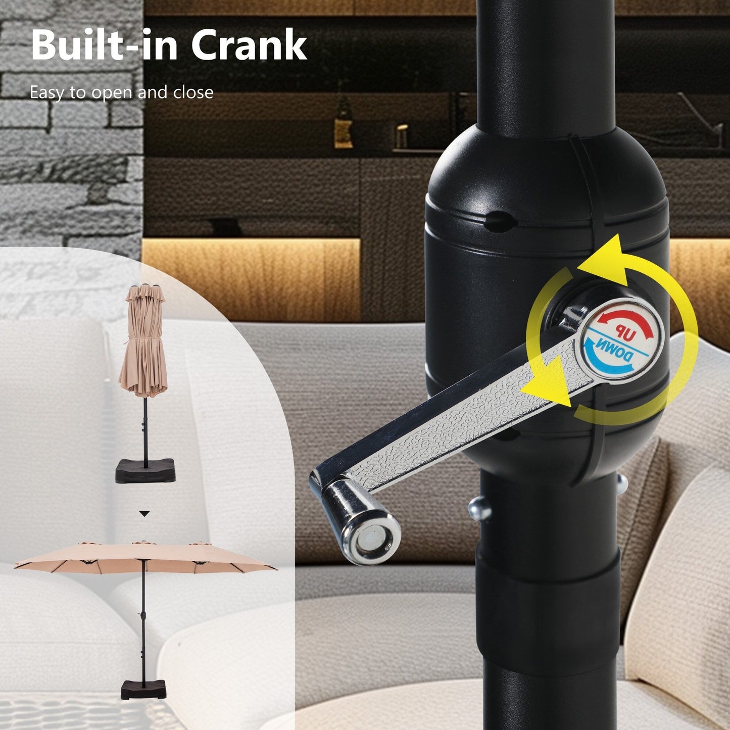 15-foot Rectangular Crank Double-sided Outdoor Market Umbrella Solar LED Lighted Patio Umbrella with Base Included