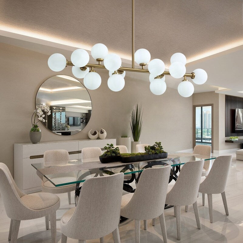 40 in. Linear Mid Century Modern Chandelier 16-Light Gold Brass Sputnik Pendant Light with Frosted Glass Globe for Dining Room