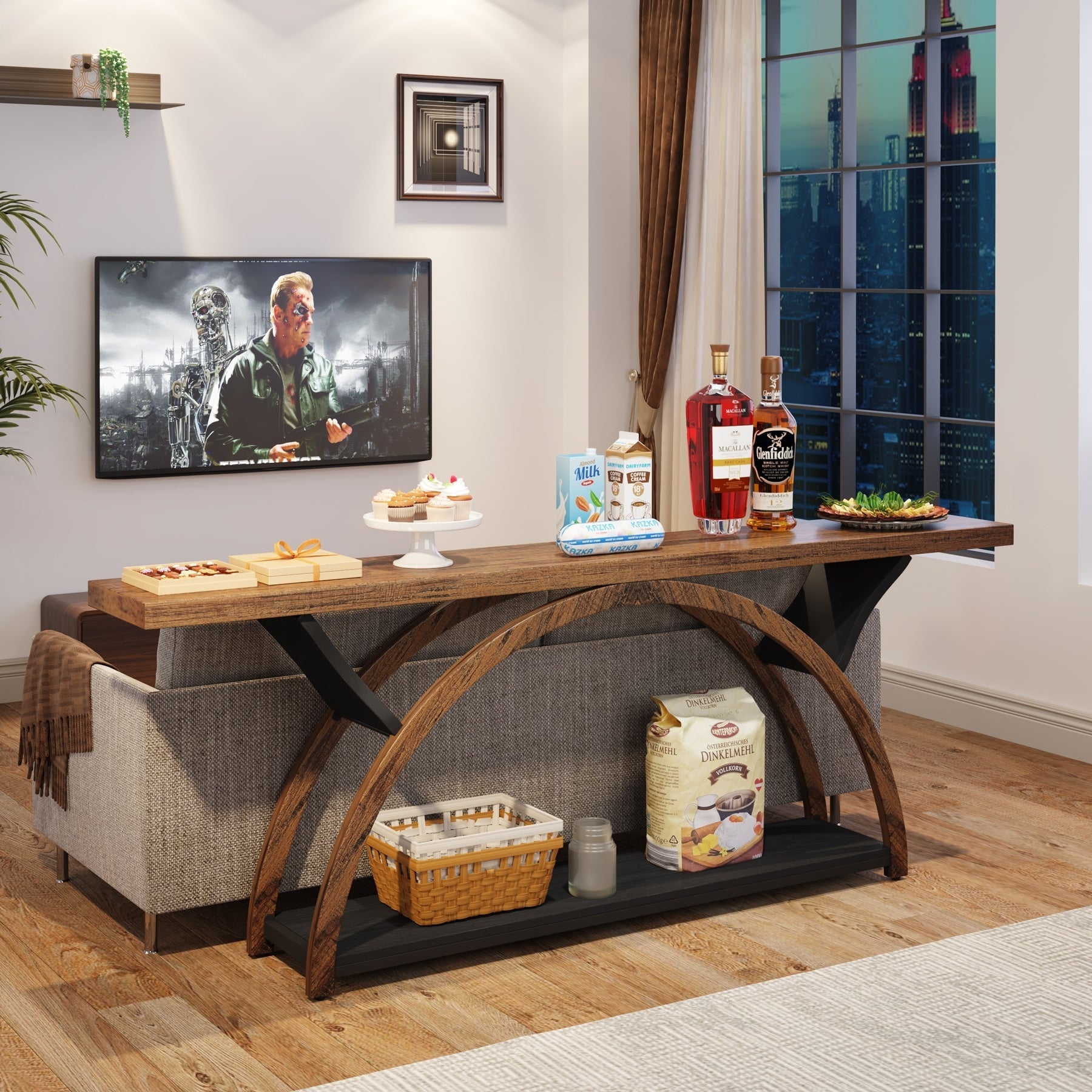 2-Tier Narrow Long Console Sofa Table with Semi-Circular Frame for Entryway,Gray Hallway Accent Tables