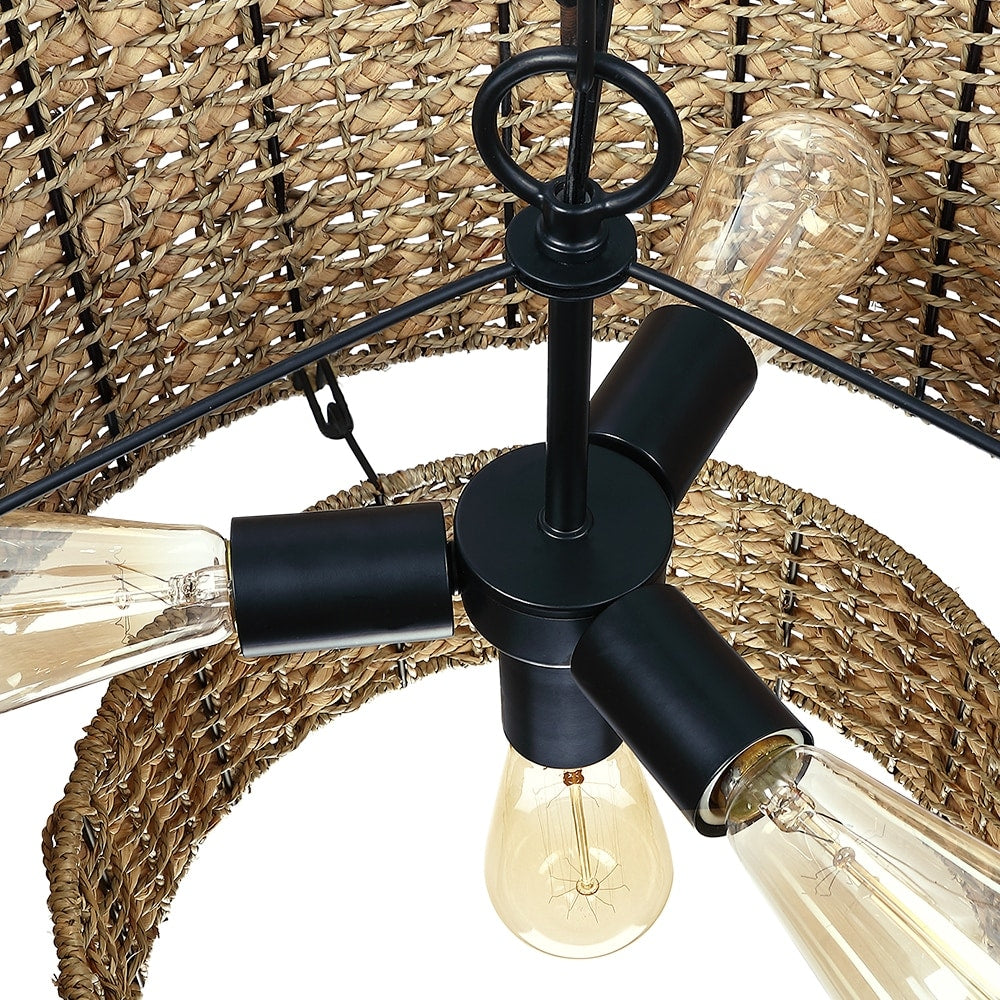 4-Light Natural Rattan Traditional Drum Pendant Light Black Canopy - Black/earthy - 20 in. W
