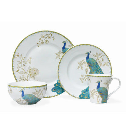 222 Fifth Peacock Garden 16-Piece Porcelain Dinnerware Set with Round Plates, Bowls, and Mugs, White