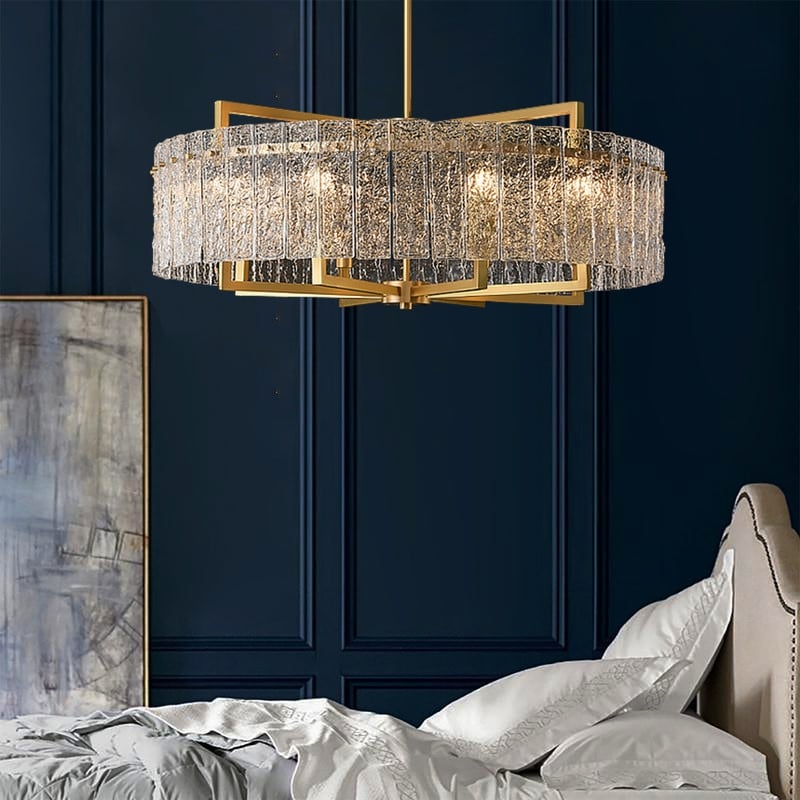 26 in. Gold Modern Drum Crystal Chandelier 6-Light Glam Dimmable Pendant Light Kitchen Island with Frosted Glass for Dining Room