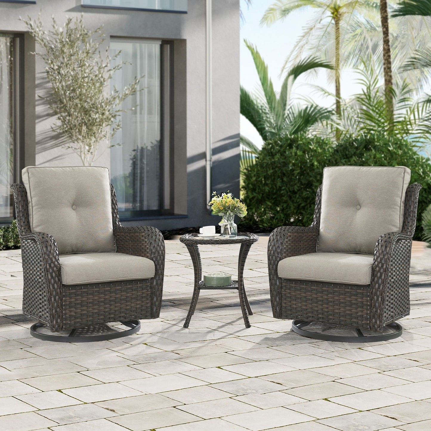 Gymojoy 3 Piece Outdoor Wicker Swivel Rocker with Cushion & Table