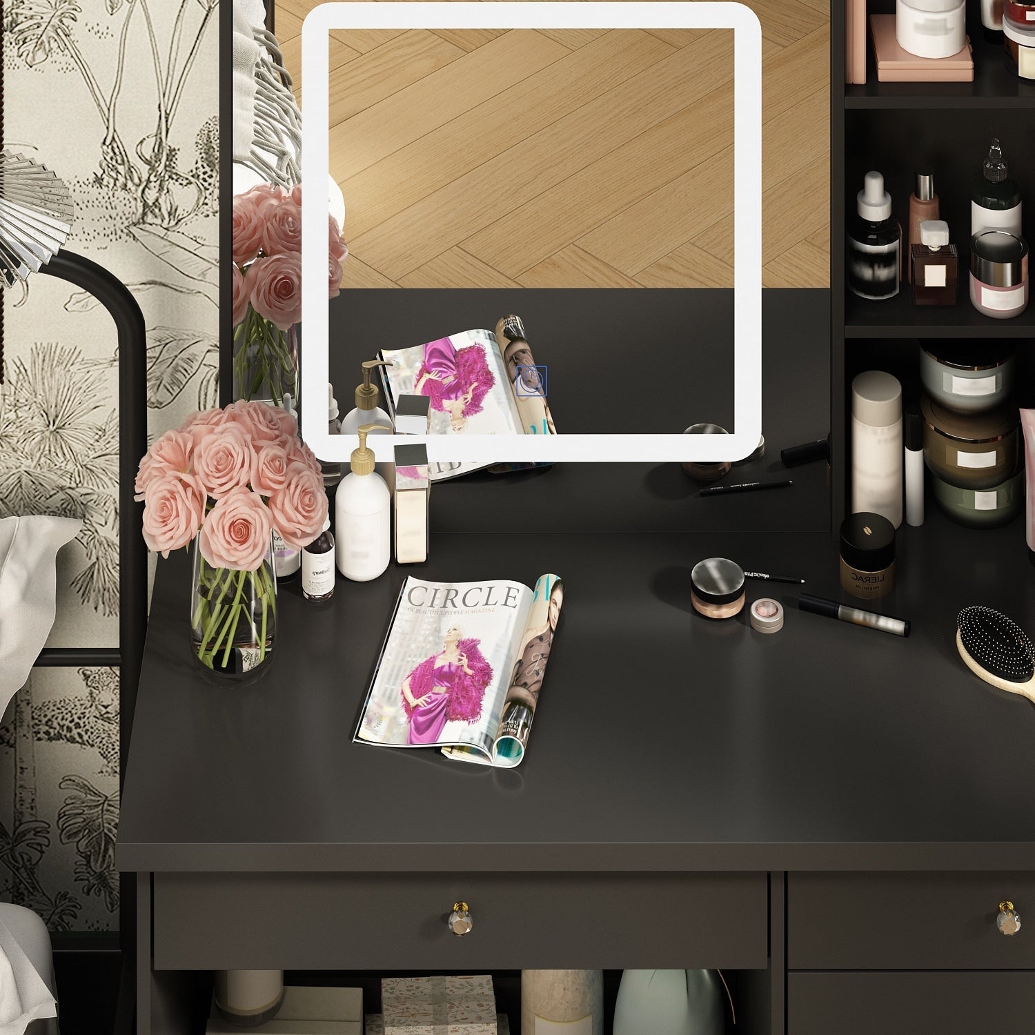39.4'' W Dresser Makeup Vanity Set with Stool and Mirror Room