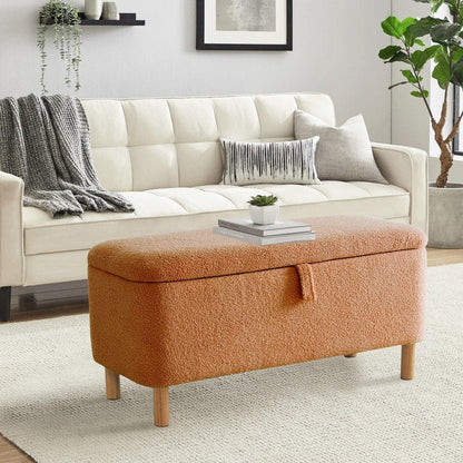 39.5 Off White Boucle Storage Ottoman Bench Sherpa Storage Bench Ottoman Foot Rest End of Bed for Living Room Bedroom,Wood Leg