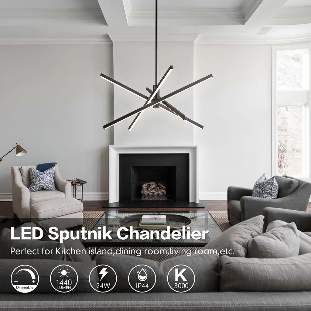 Black/ Gold Modern Aluminum LED Chandelier Linear Sputnik Ceiling Pendant Light for Living/ Dining Room/ Kitchen