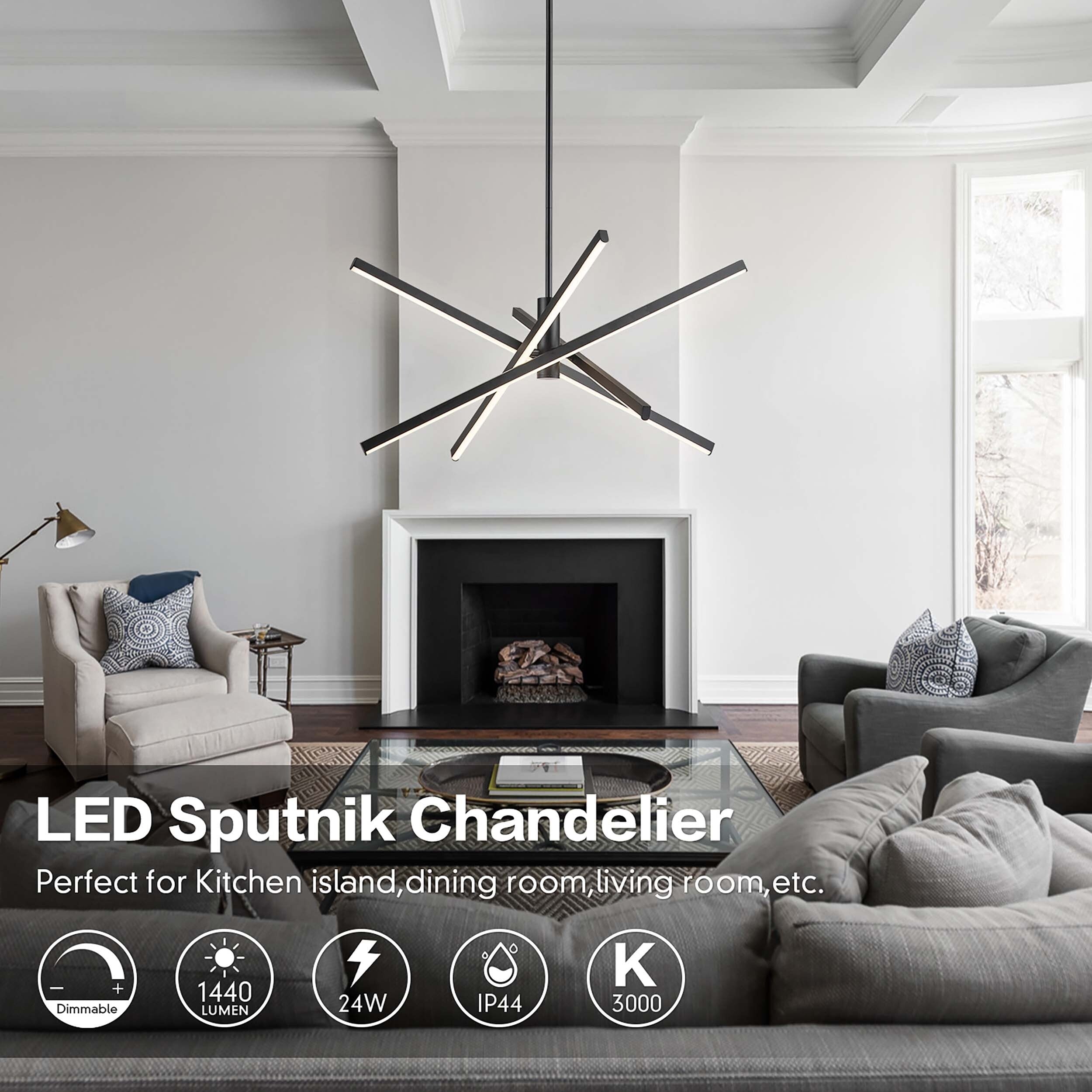 Black/ Gold Modern Aluminum LED Chandelier Linear Sputnik Ceiling Pendant Light for Living/ Dining Room/ Kitchen