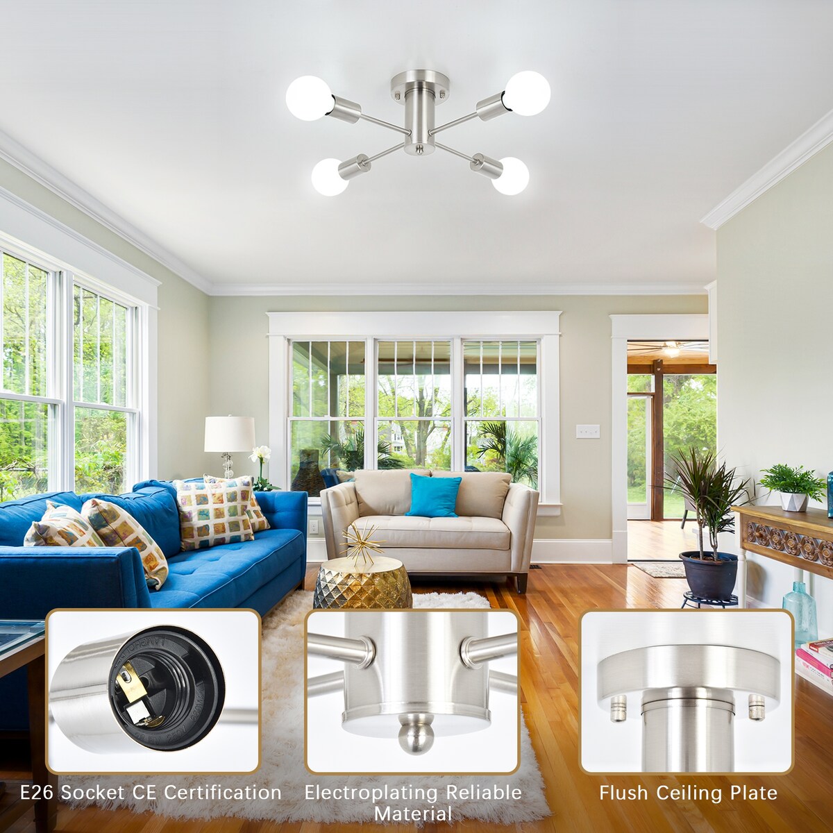 4-Light Industrial Semi Flush Mount Ceiling Light for Kitchen Dining Room Bedroom Study Living Room - N/A