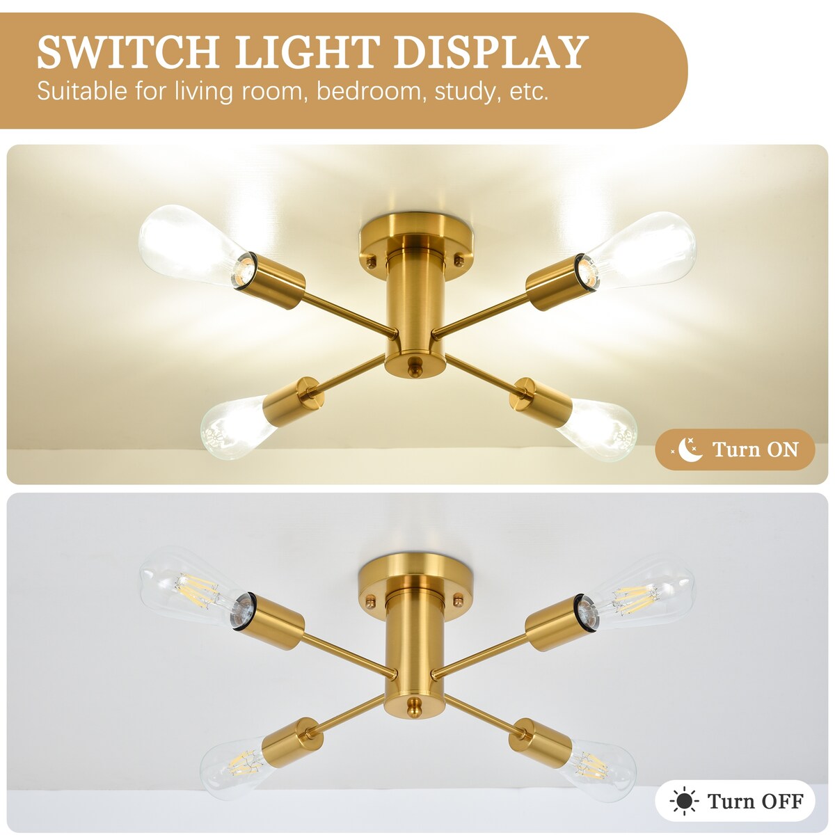 4-Light Industrial Semi Flush Mount Ceiling Light for Kitchen Dining Room Bedroom Study Living Room - N/A