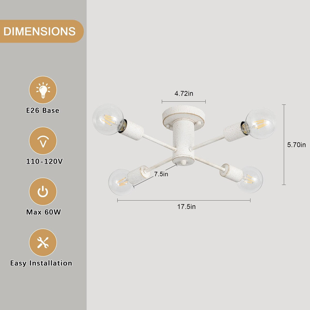 4-Light Industrial Semi Flush Mount Ceiling Light for Kitchen Dining Room Bedroom Study Living Room - N/A