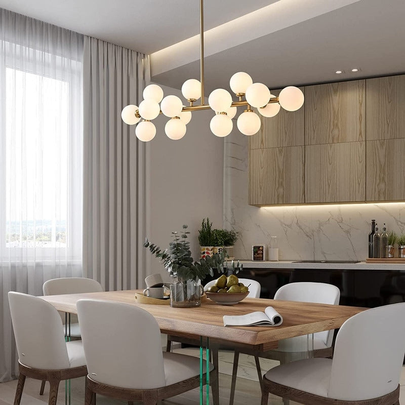 40 in. Linear Mid Century Modern Chandelier 16-Light Gold Brass Sputnik Pendant Light with Frosted Glass Globe for Dining Room