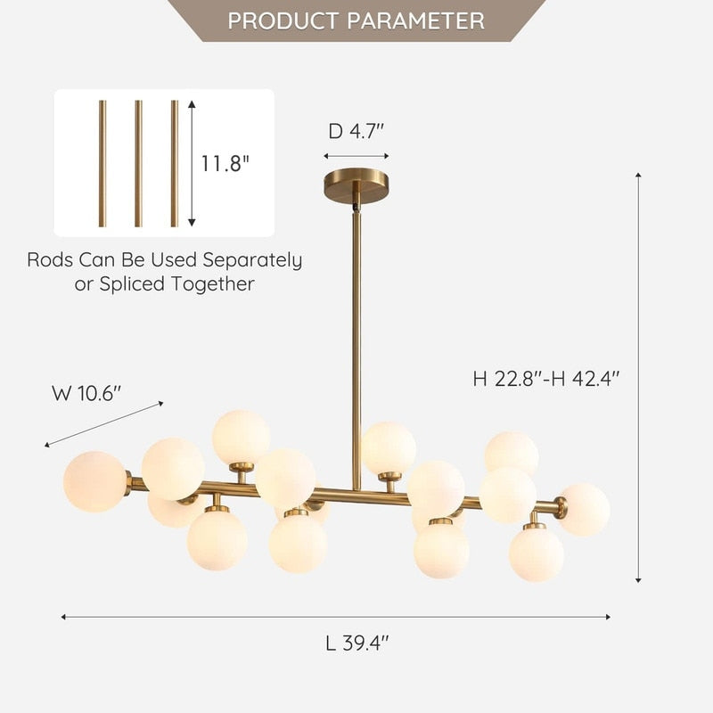 40 in. Linear Mid Century Modern Chandelier 16-Light Gold Brass Sputnik Pendant Light with Frosted Glass Globe for Dining Room