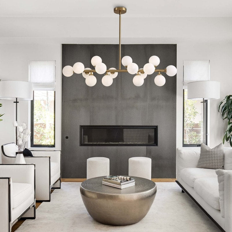 40 in. Linear Mid Century Modern Chandelier 16-Light Gold Brass Sputnik Pendant Light with Frosted Glass Globe for Dining Room