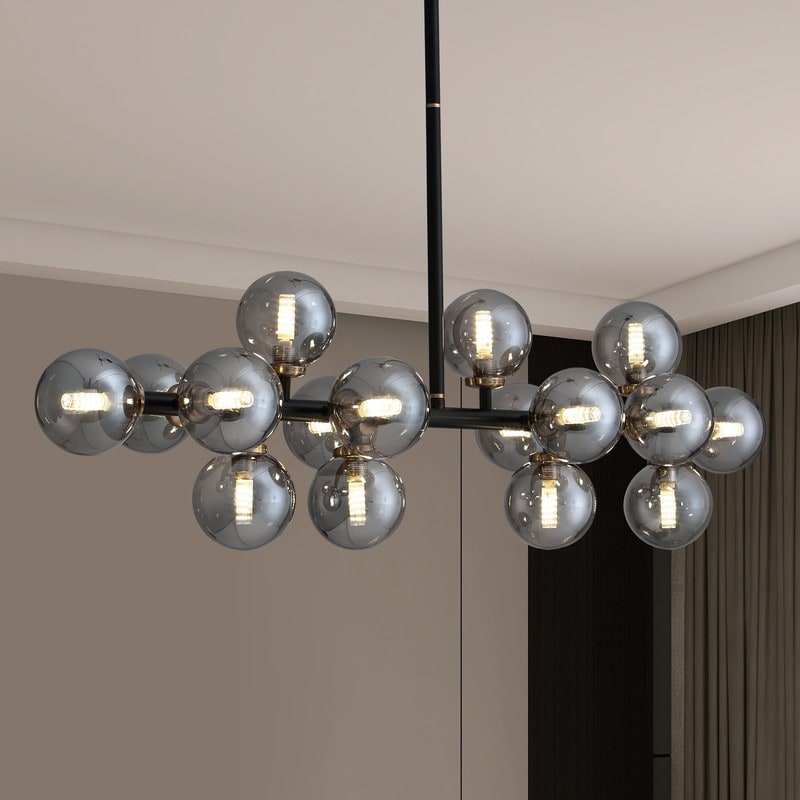40 in. Linear Mid Century Modern Chandelier 16-Light Gold Brass Sputnik Pendant Light with Frosted Glass Globe for Dining Room