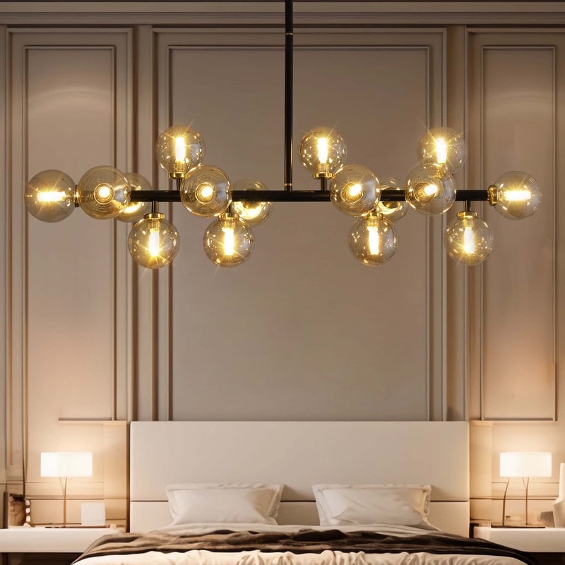 40 in. Linear Mid Century Modern Chandelier 16-Light Gold Brass Sputnik Pendant Light with Frosted Glass Globe for Dining Room