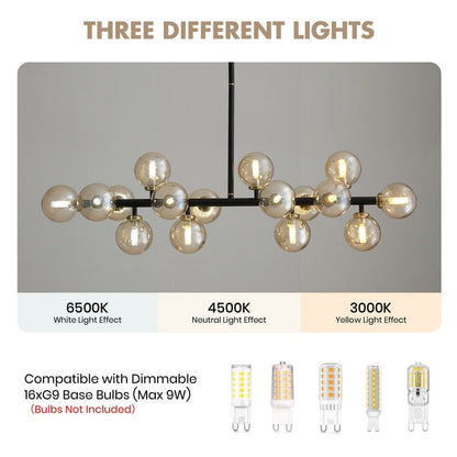 40 in. Linear Mid Century Modern Chandelier 16-Light Gold Brass Sputnik Pendant Light with Frosted Glass Globe for Dining Room