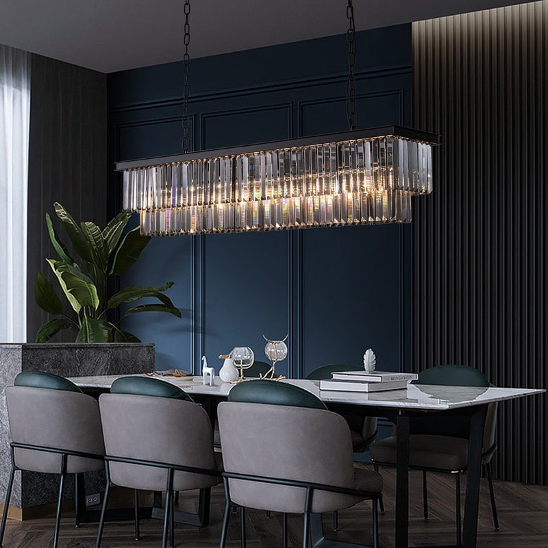 47 in. Smoked Gray and Black Modern Contemporary Crystal Chandelier 2-Tier Linear Kitchen Island Pendant Light for Dining Room