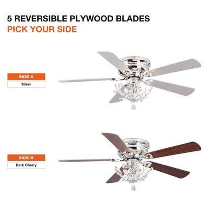48 Modern Reversible 5-Blade Crystal Flush Mount Ceiling Fan with Remote