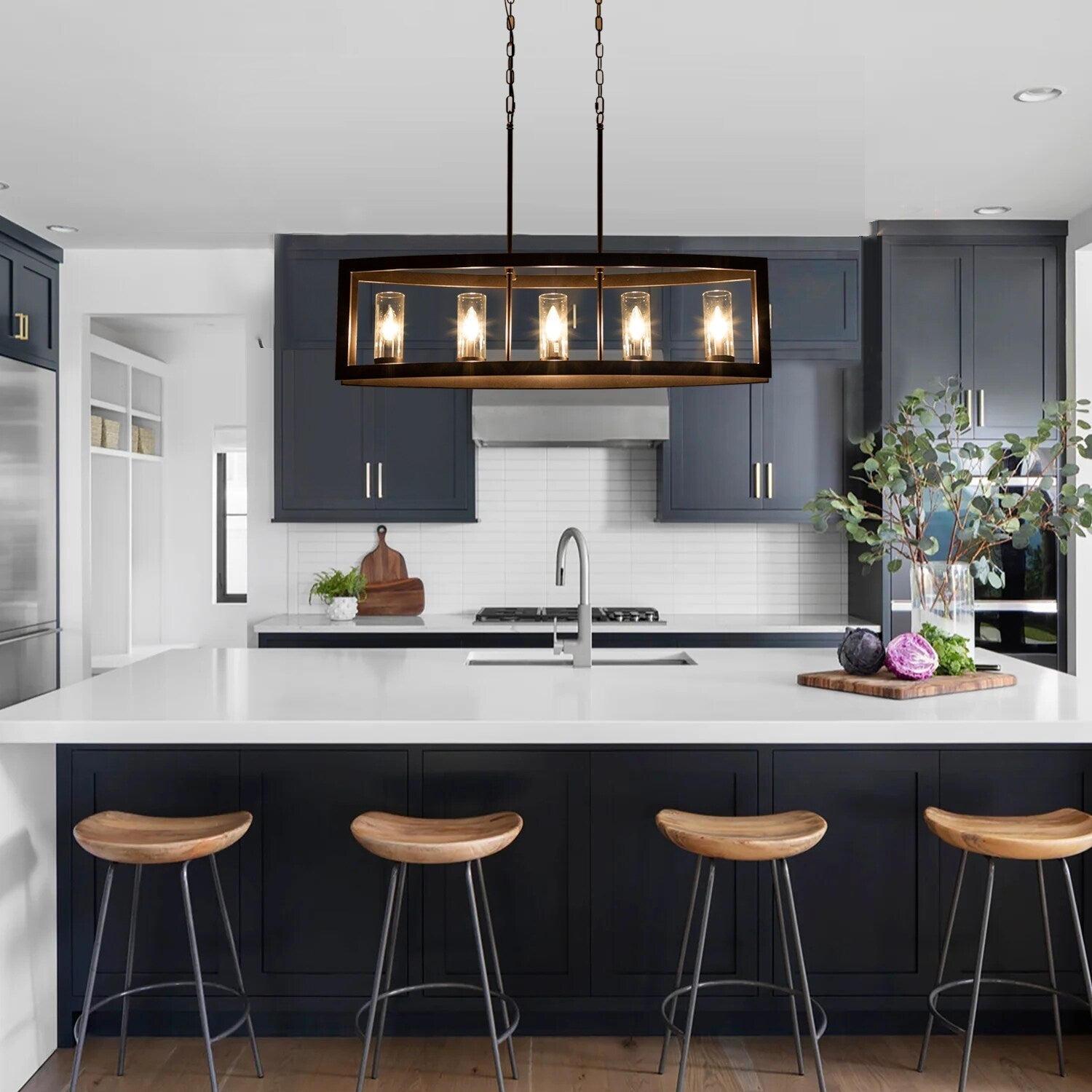 5-Light Modern Industrial Linear Chandelier for Dining Room Farmhouse Cylinder Clear Glass Chandelier Kitchen Island Lights