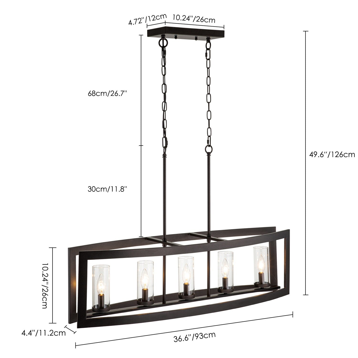 5-Light Modern Industrial Linear Chandelier for Dining Room Farmhouse Cylinder Clear Glass Chandelier Kitchen Island Lights